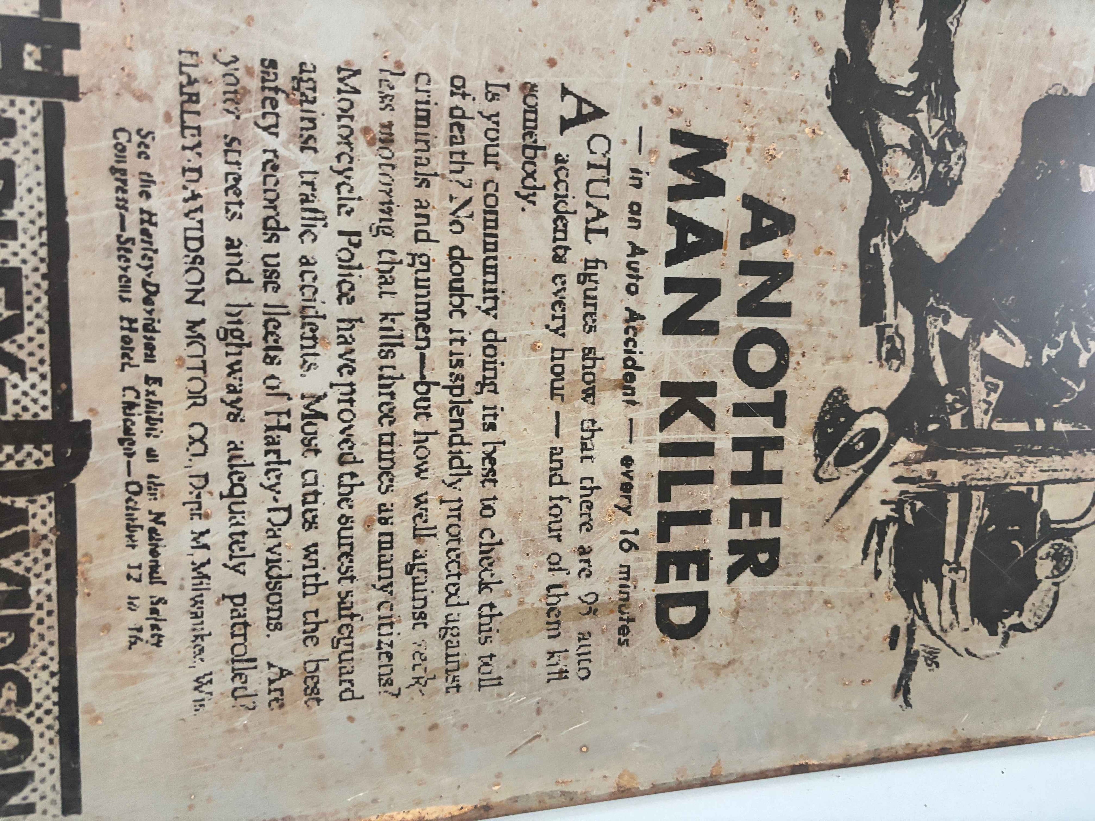 Harley Davison Press Another Man killed Car Crash Motorcycle Advert Metal Sign