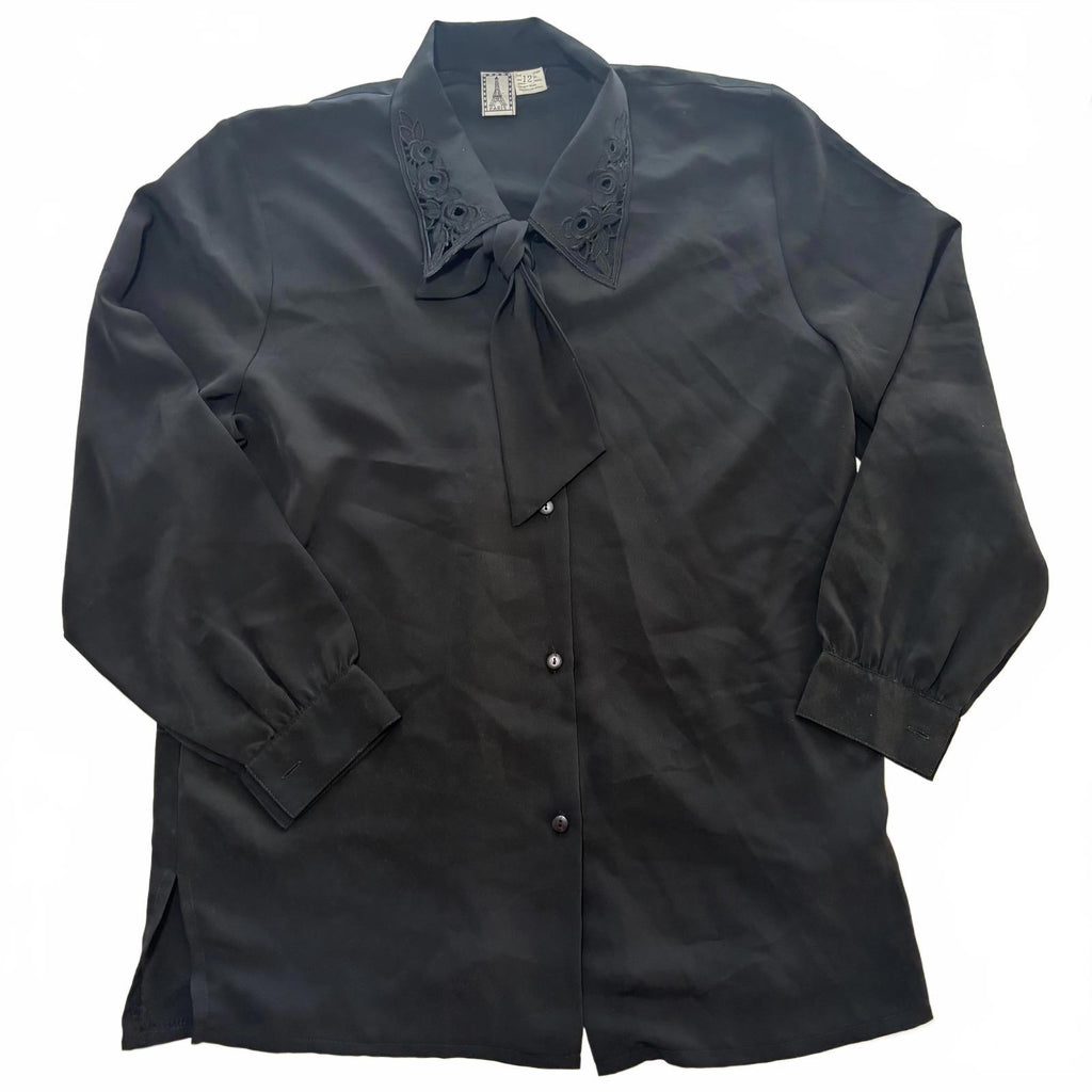 Paris Black Women's Blouse Size 12 Elegant Embroidered Collar - Come Sell Nearly Anything