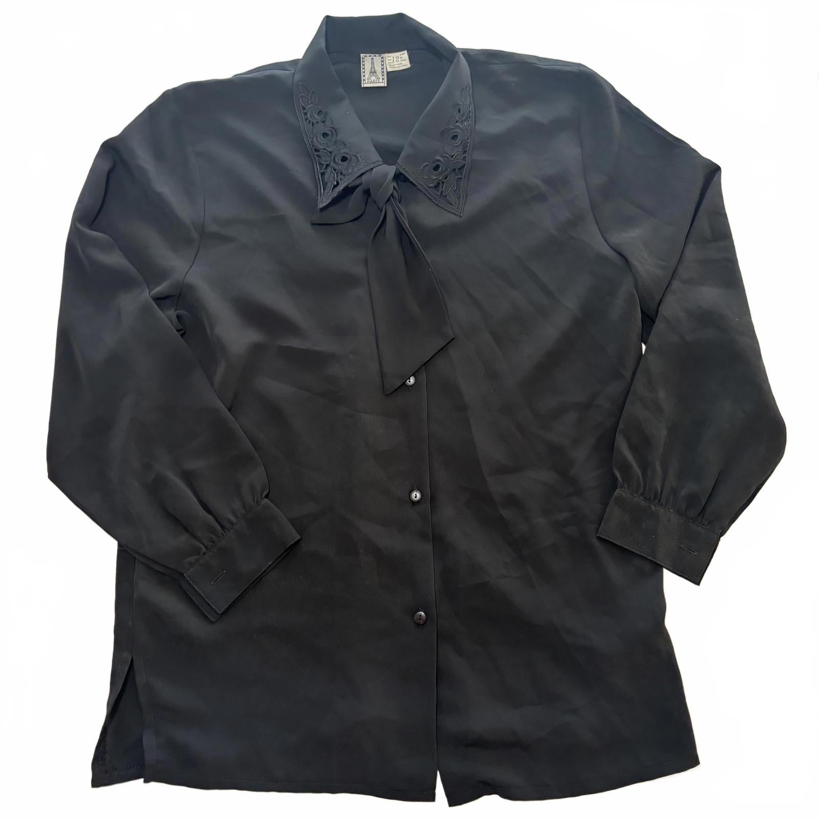 Paris Black Women's Blouse Size 12 Elegant Embroidered Collar - Come Sell Nearly Anything
