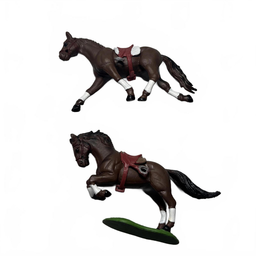 Set of 2 Brown Plastic Toy Horses with Saddle and Base