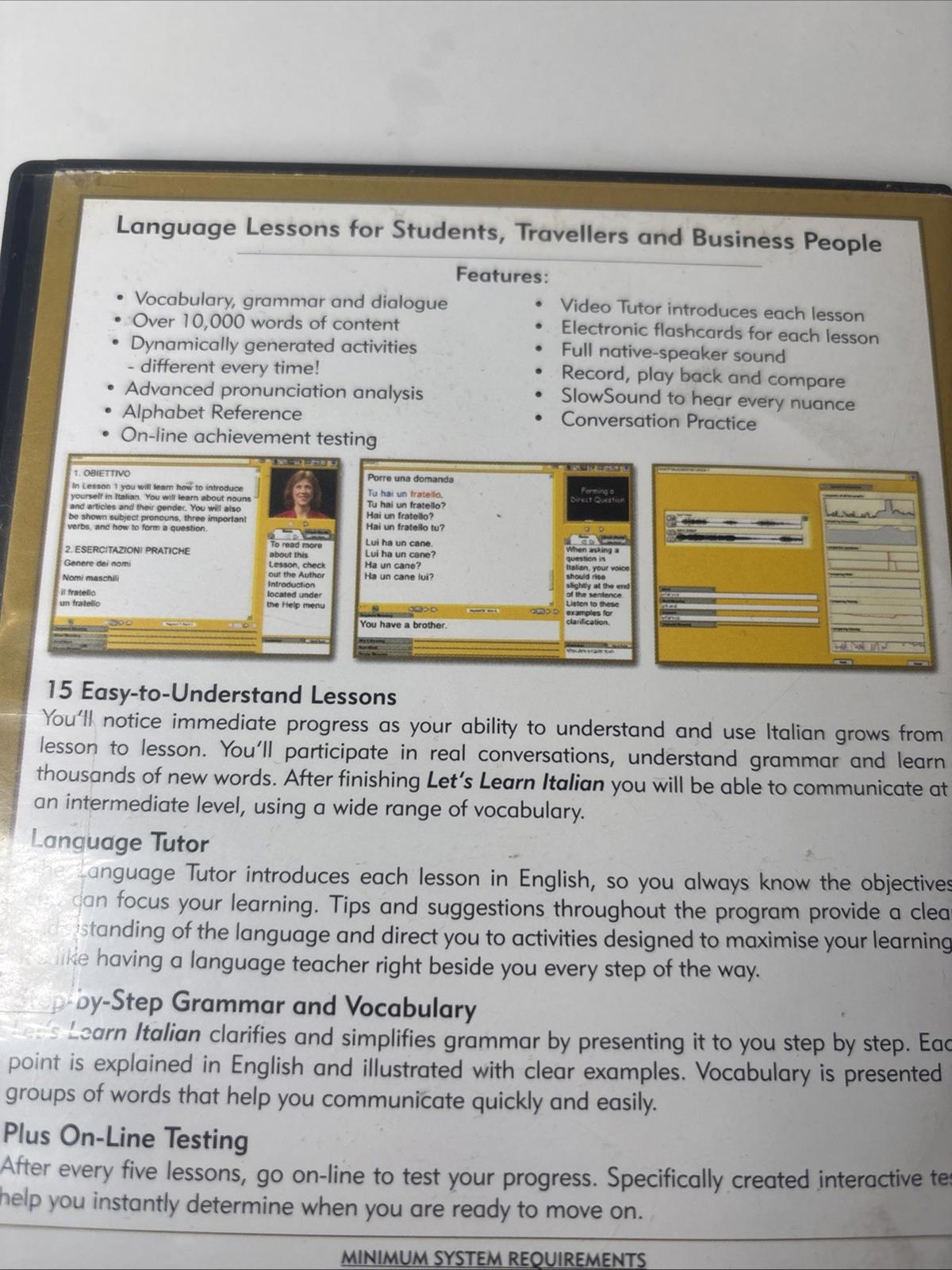 Let's Learn Italian 2002 PC Full Version Software Interactive Learning Brand New