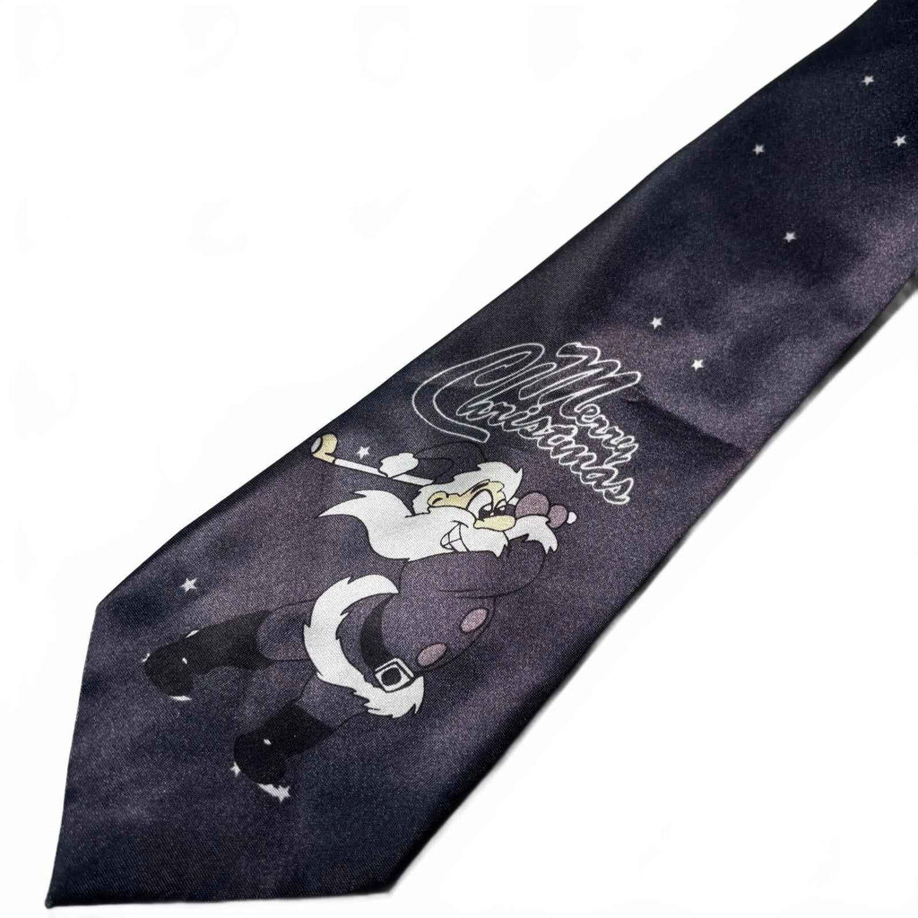 Men's Polyester Christmas Themed Neck Tie with Golf Santa at Night Design