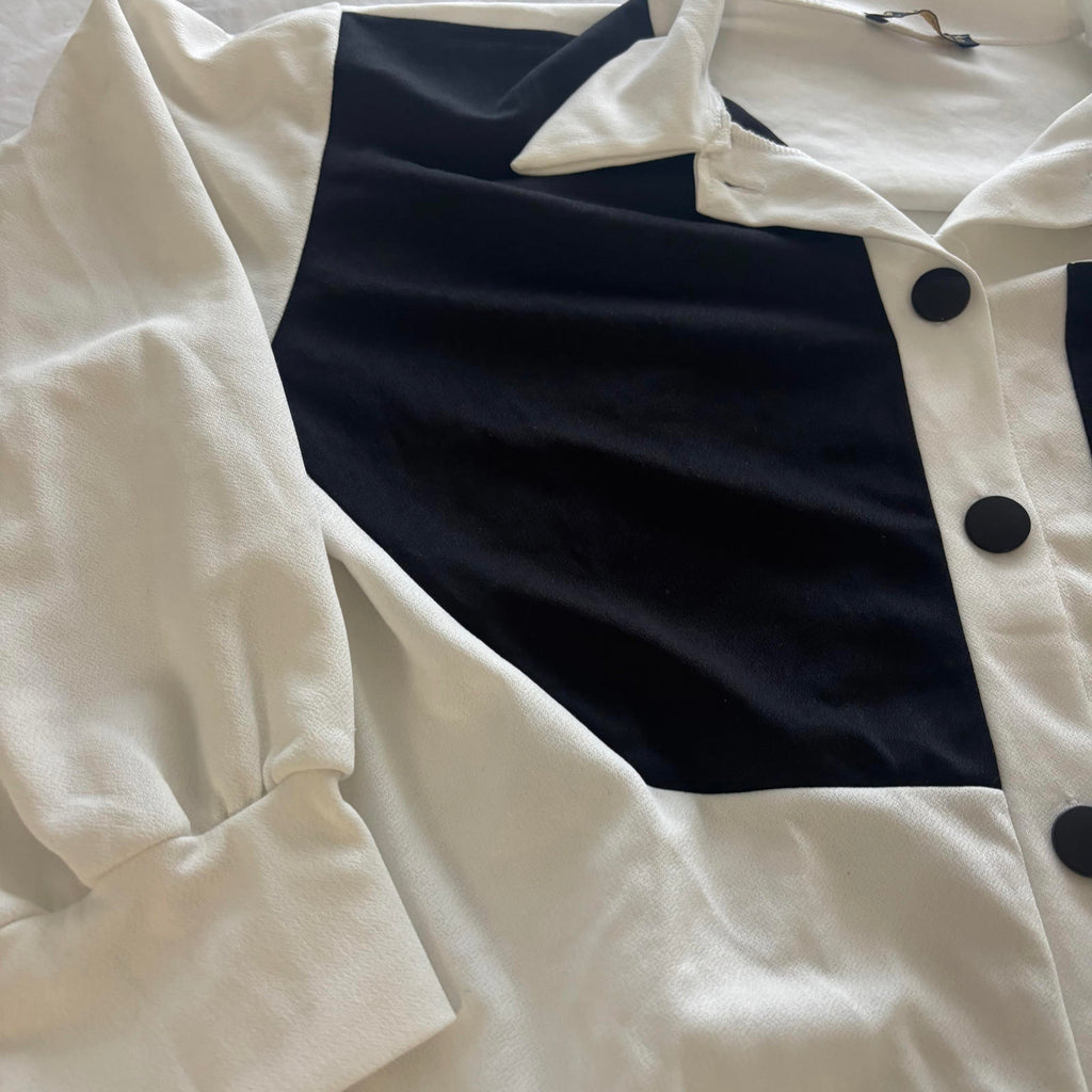 T.C.N Women's Long Sleeve Button-Down Dress Shirt - Black & White Colorblock, XL - Come Sell Nearly Anything