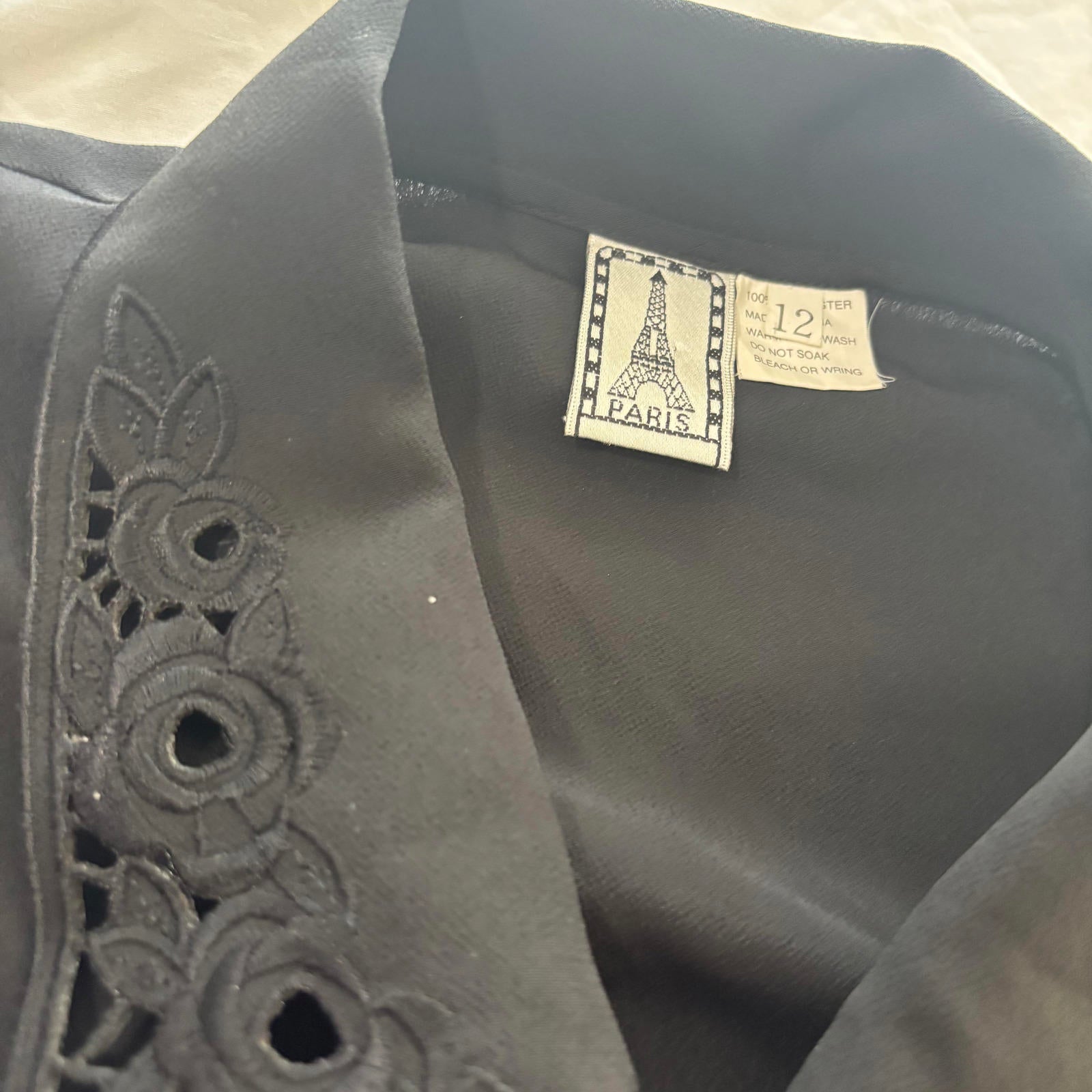 Paris Black Women's Blouse Size 12 Elegant Embroidered Collar - Come Sell Nearly Anything