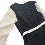 Elegant Black Pinstripe Long Sleeve Dress with White Collar and Belt - Size 40 - Come Sell Nearly Anything