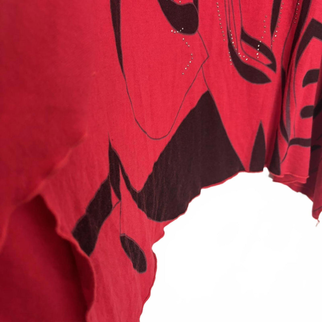 FILO Women's Red Long Sleeve Top with Black Abstract Design and Rhinestones, XL - Come Sell Nearly Anything