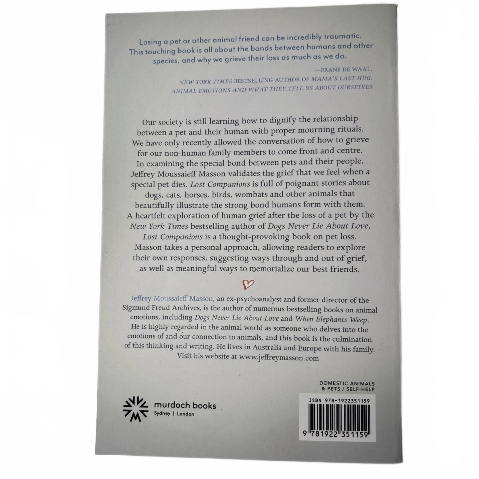 Lost Companions: Reflections on the Death of Pets by Jeffrey Moussaieff Masson ( - Come Sell Nearly Anything