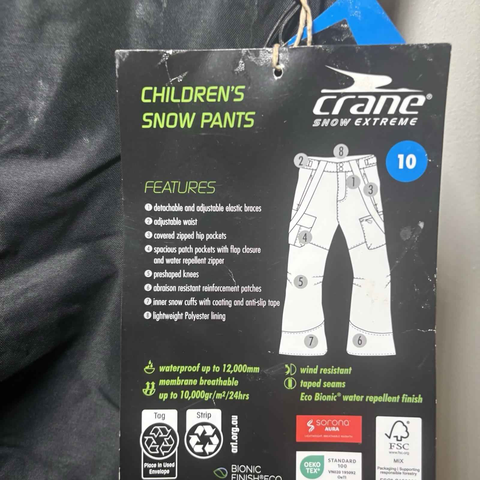 Crane Snow Extreme Childrens Snow Ski Pants Black BNWT Size 10