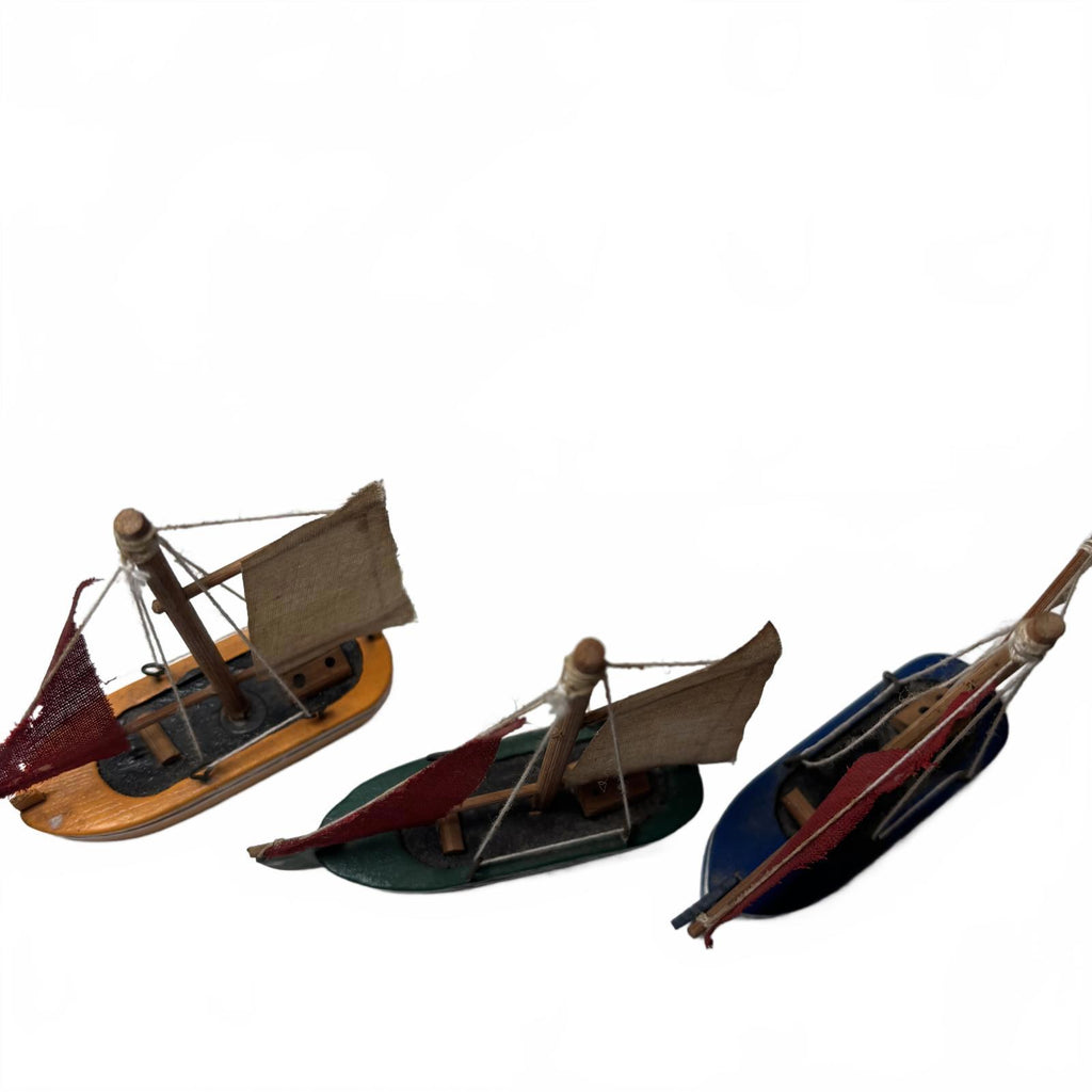 Set of 3 Miniature Wooden Sailboats with Fabric Sails