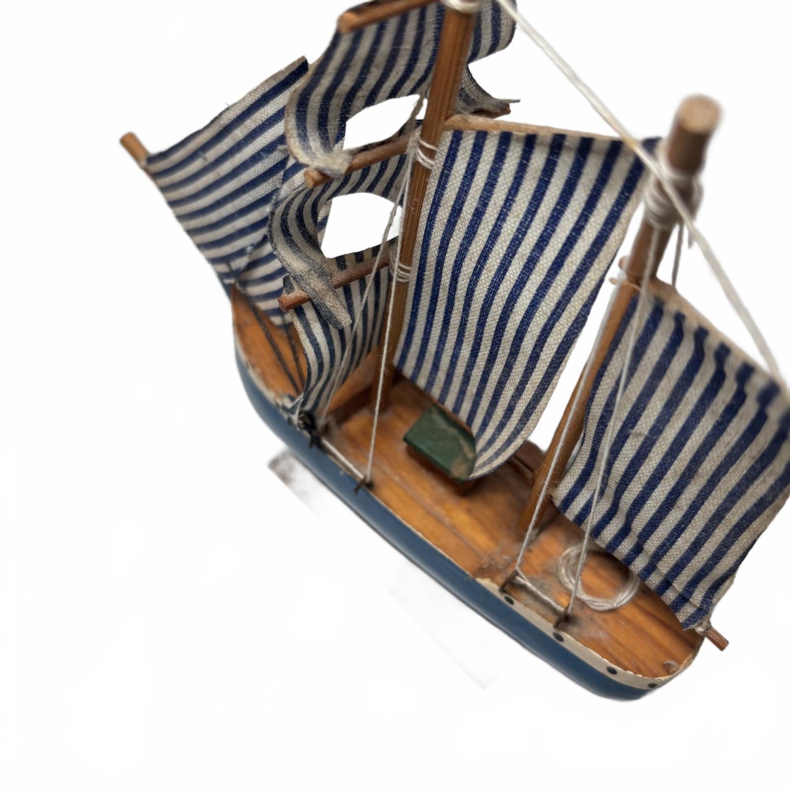 Decorative Nautical Wooden Sailboat Model w/ Blue & White Striped Sails broken m