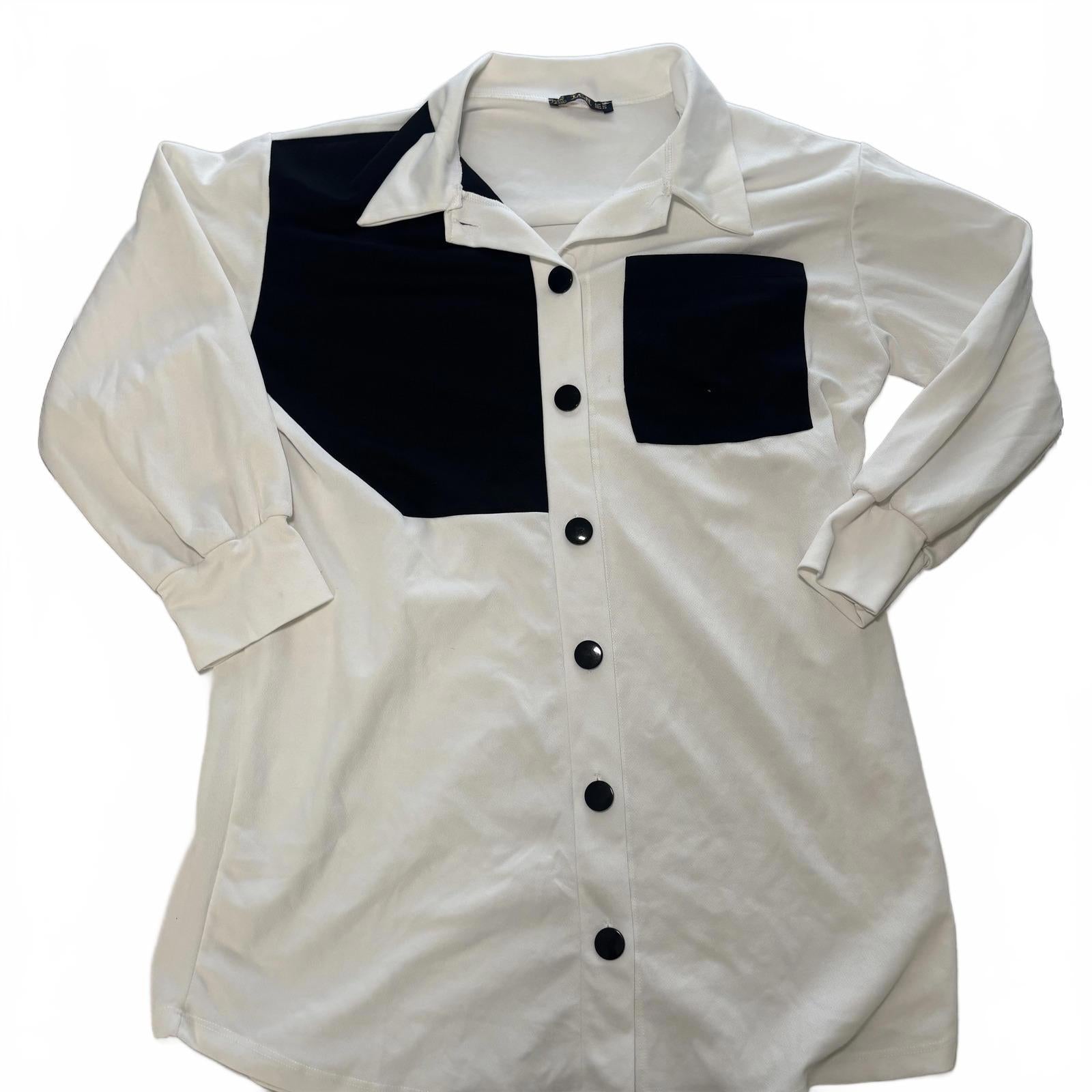 T.C.N Women's Long Sleeve Button-Down Dress Shirt - Black & White Colorblock, XL - Come Sell Nearly Anything