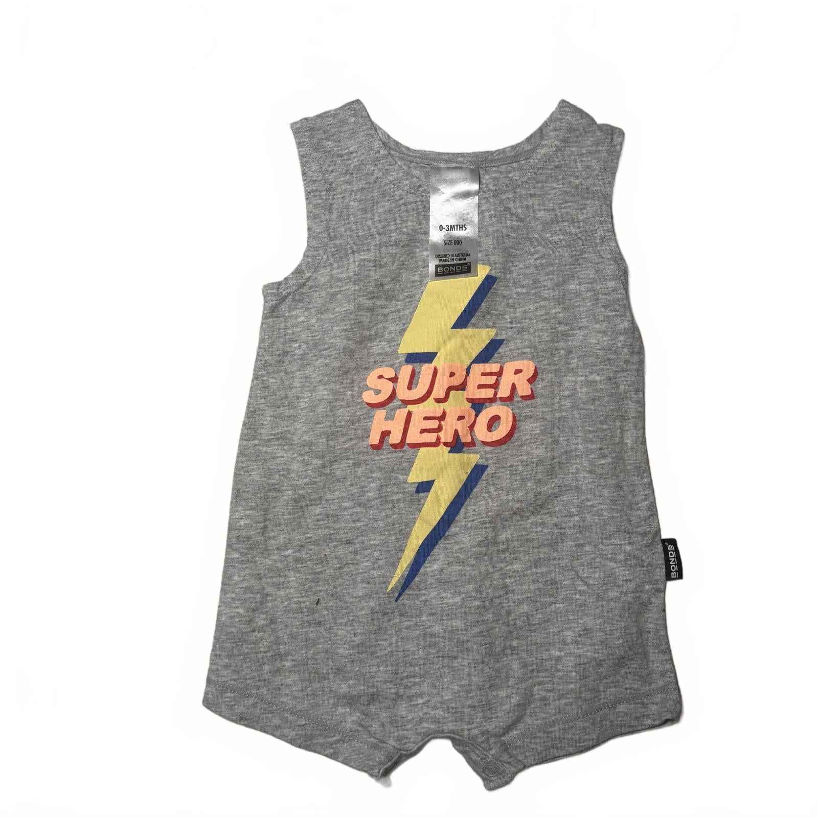 Bonds Baby Romper Size 000 (0-3 Months) Grey Super Hero Graphic