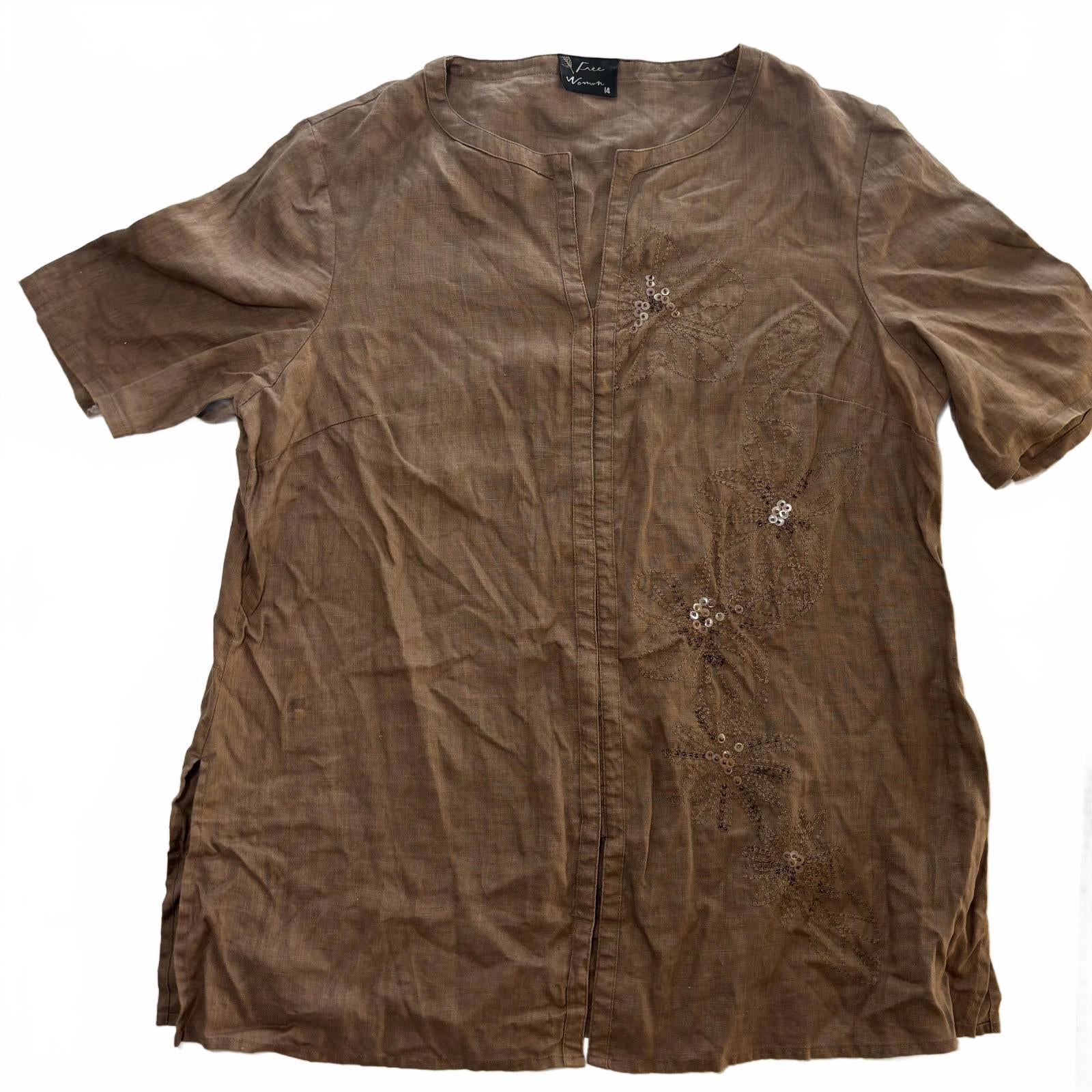 Free Woman Brown Linen Embroidered Top Size 14 - Come Sell Nearly Anything