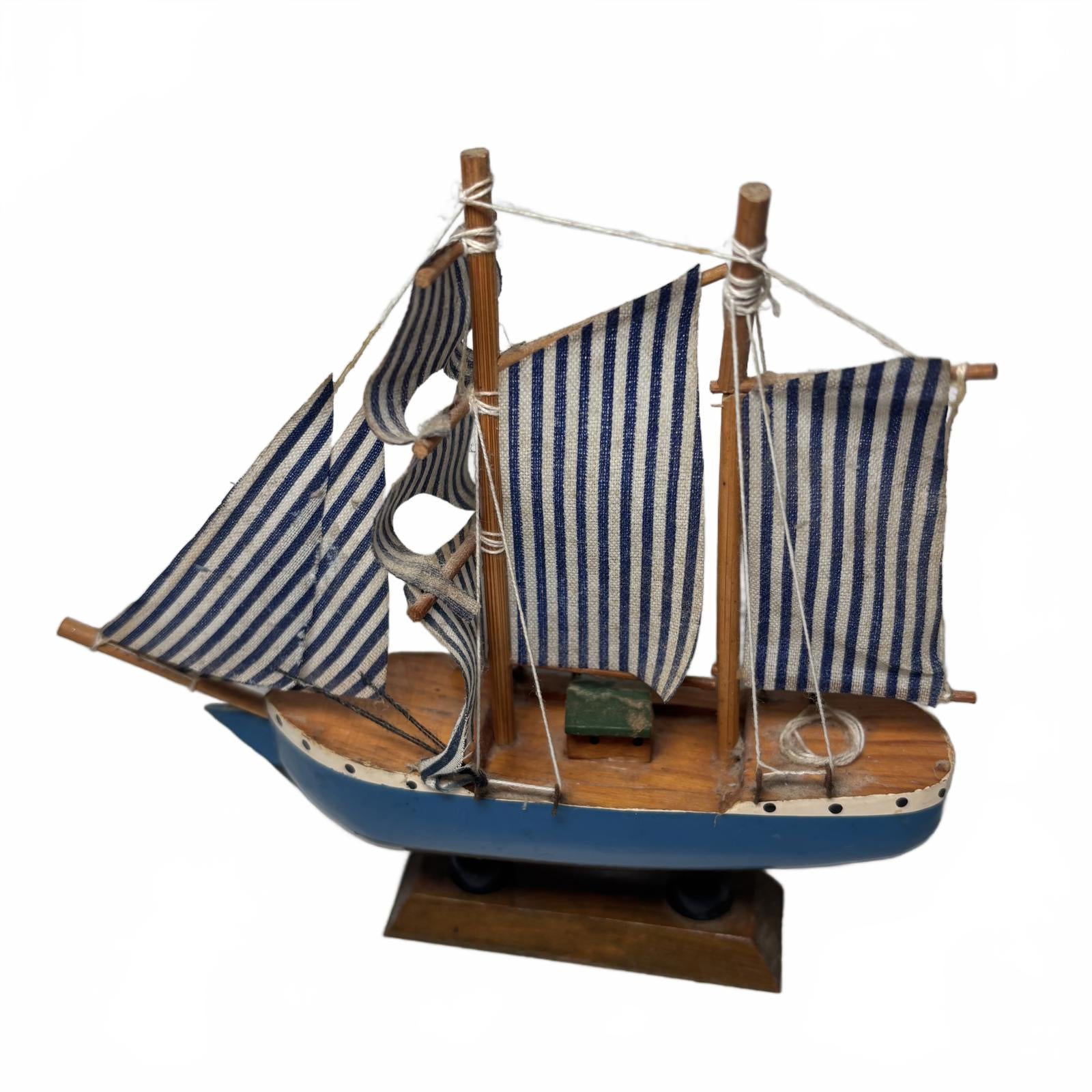 Decorative Nautical Wooden Sailboat Model w/ Blue & White Striped Sails broken m