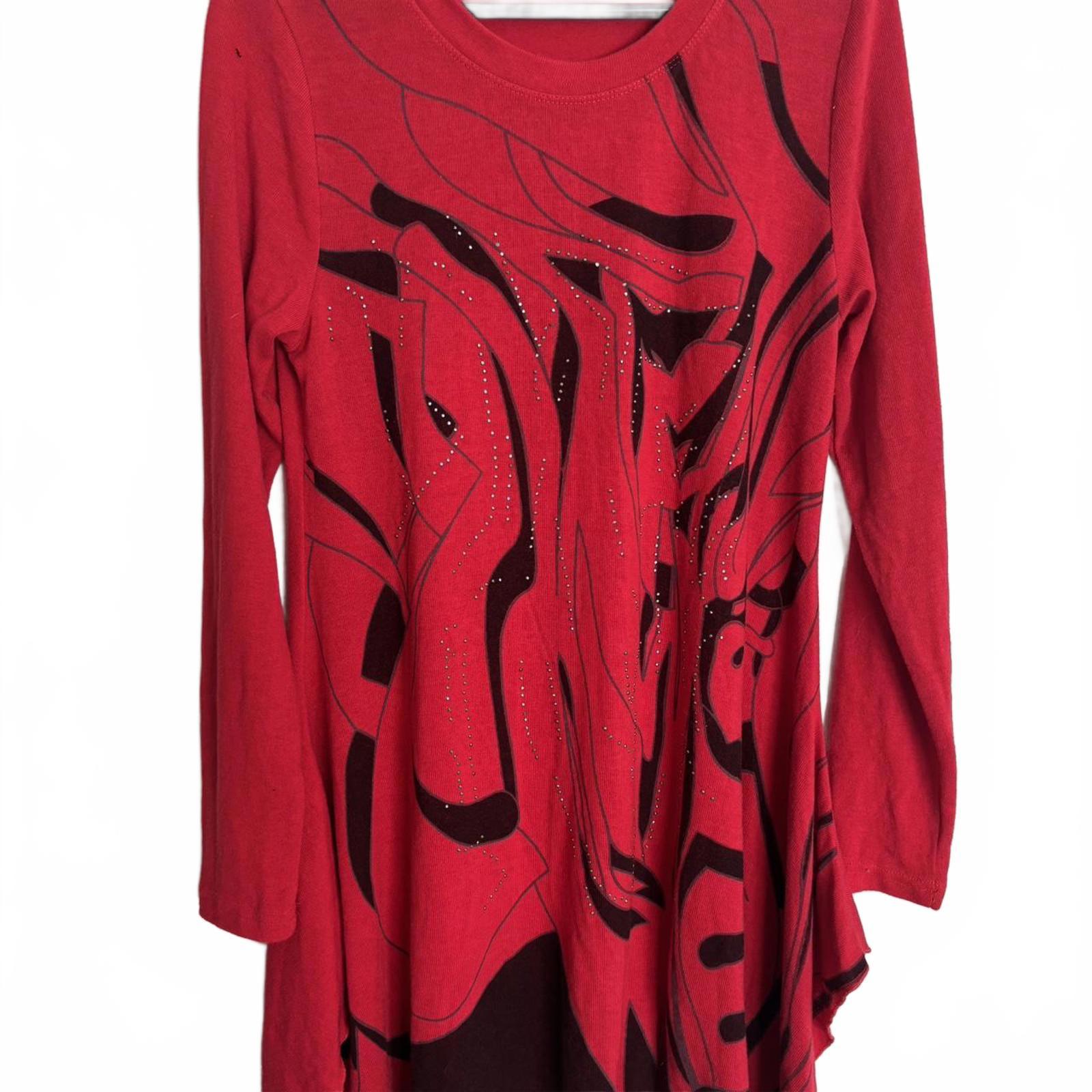 FILO Women's Red Long Sleeve Top with Black Abstract Design and Rhinestones, XL - Come Sell Nearly Anything