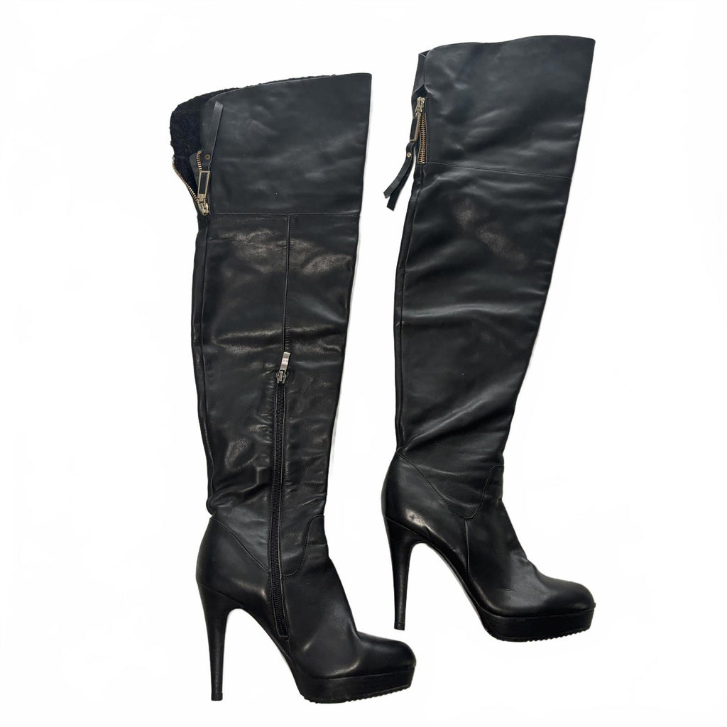 VTG Sapiniere Women's Black Knee-High Leather Boots Size 7.5 Heeled Elegant